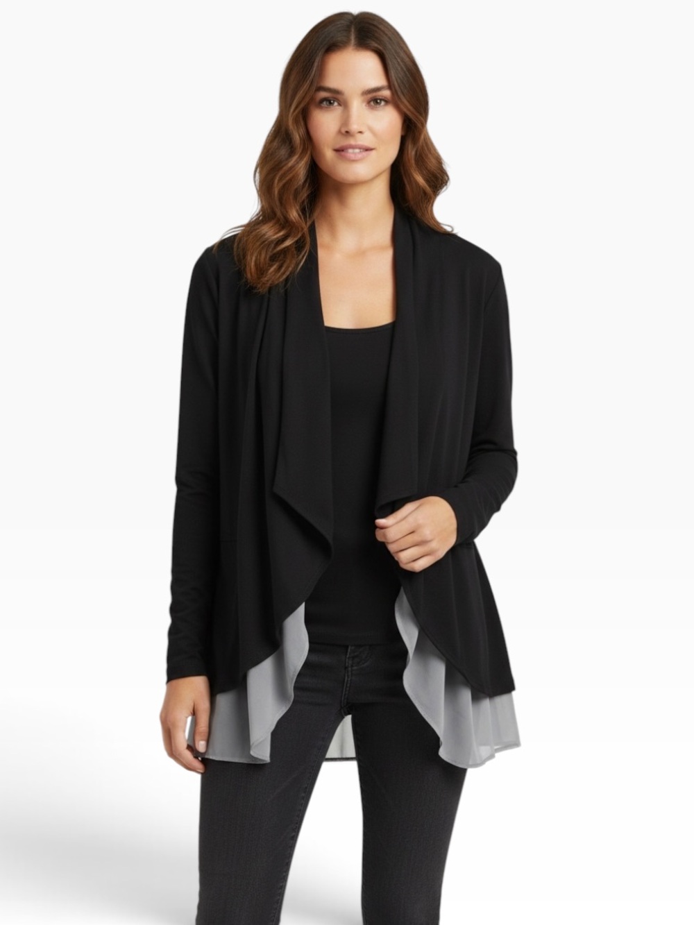 LOGO by Lori Goldstein•Black Open Front Draped Cardigan with Gray Trim